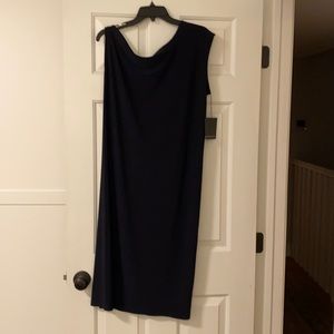 Dark navy one shoulder off t length dress.